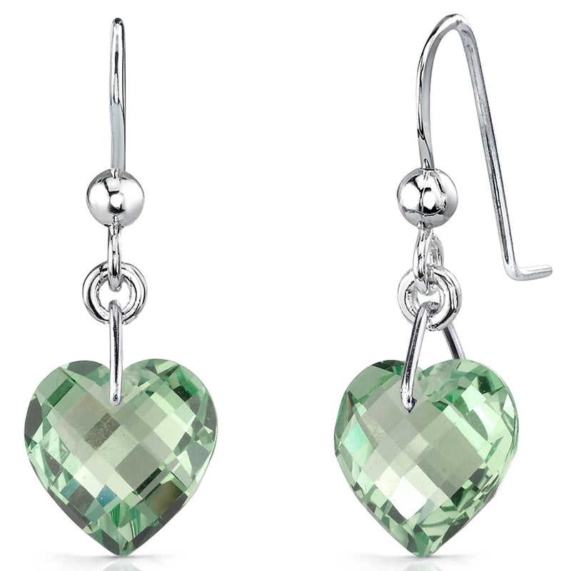6.75 Carats Heart Shape Green Amethyst Drop Earrings Sterling Silver
