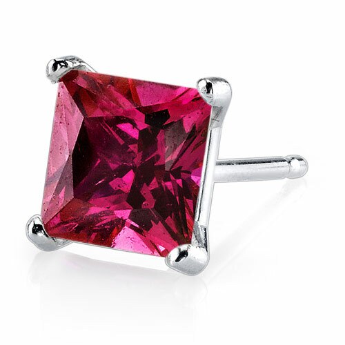 Ruby Stud Earrings 14 Karat White Gold Princess Cut 3 Carats