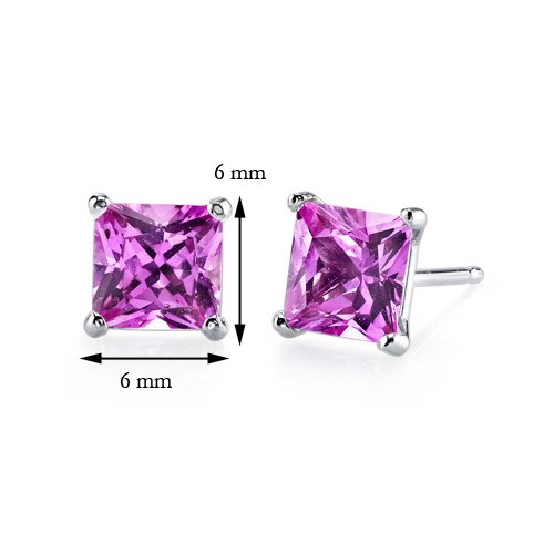 Pink Sapphire Stud Earrings 14 Kt White Gold Princess 3 Carats