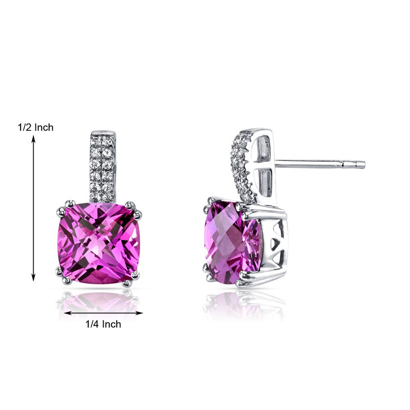 14K White Gold Created Pink Sapphire Earrings Cushion Checkerboard Cut 6.00 Carats