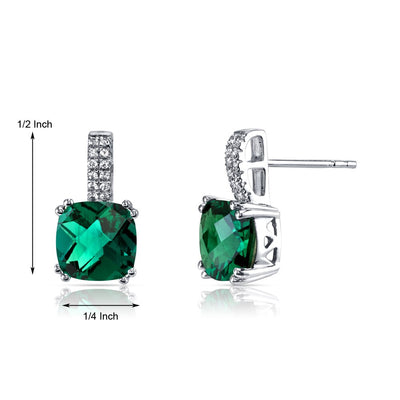 14K White Gold Created Emerald Earrings Cushion Checkerboard Cut 3.50 Carats