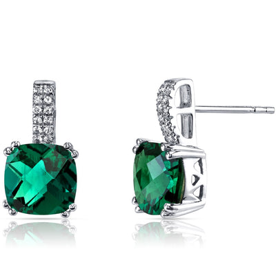 14K White Gold Created Emerald Earrings Cushion Checkerboard Cut 3.50 Carats