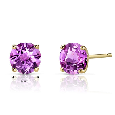 14K Yellow Gold Round Cut 2.25 Carats Created Pink Sapphire Stud Earrings