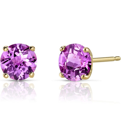 14K Yellow Gold Round Cut 2.25 Carats Created Pink Sapphire Stud Earrings