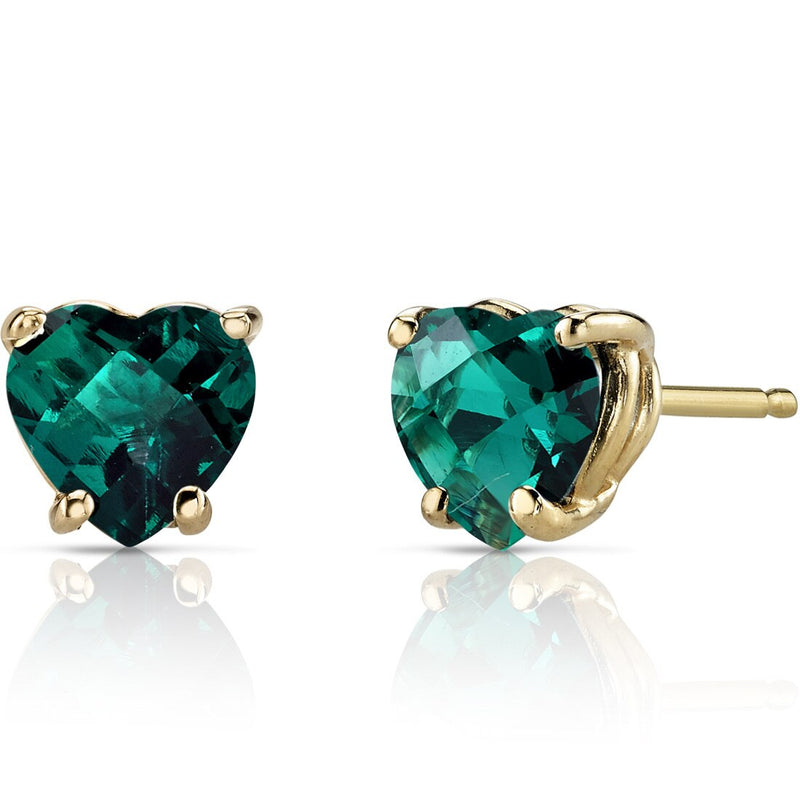 14K Yellow Gold Heart Shape 1.50 Carats Created Emerald Stud Earrings
