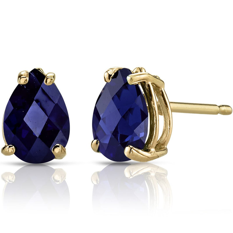 Pear Shape Blue Sapphire Stud Earrings 14K Yellow Gold 1.80 Carats