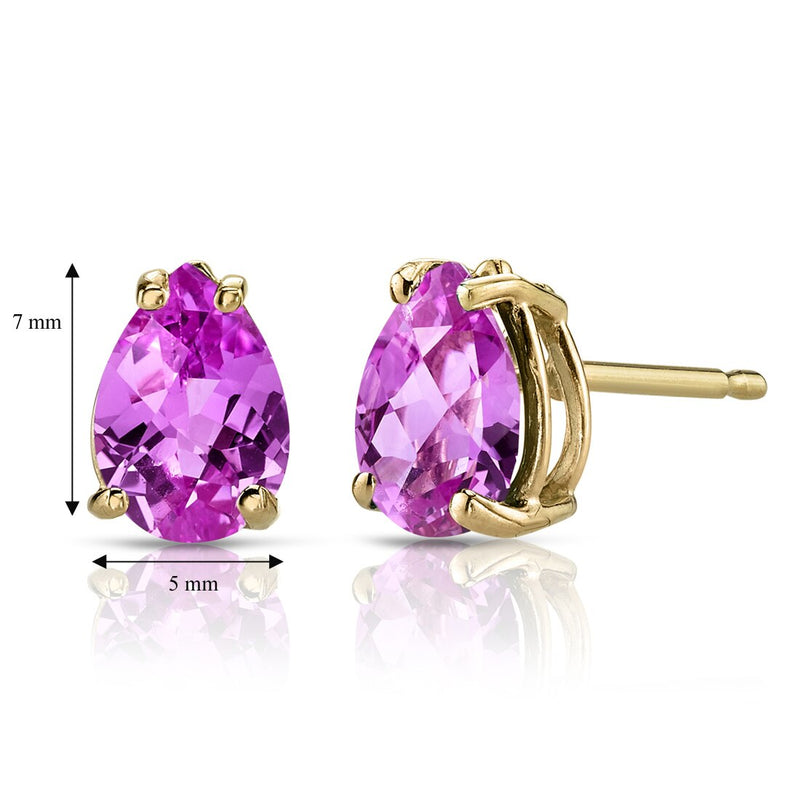 14K Yellow Gold Pear Shape 1.75 Carats Created Pink Sapphire Stud Earrings