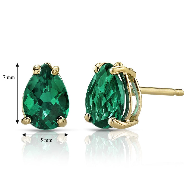 14K Yellow Gold Pear Shape 1.25 Carats Created Emerald Stud Earrings