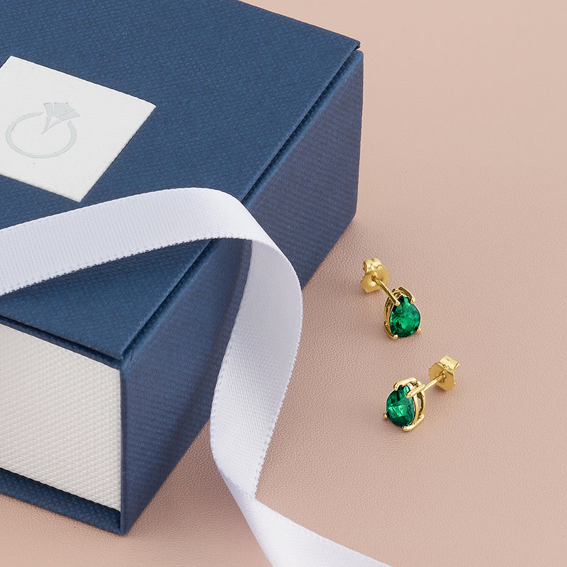 14K Yellow Gold Pear Shape 1.25 Carats Created Emerald Stud Earrings