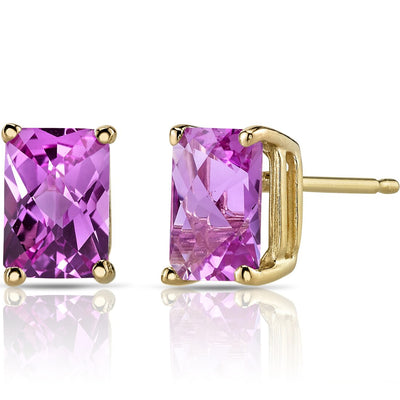 14K Yellow Gold Radiant Cut 2.50 Carats Created Pink Sapphire Stud Earrings