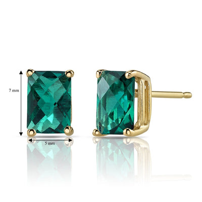 14K Yellow Gold Radiant Cut 1.75 Carats Created Emerald Stud Earrings