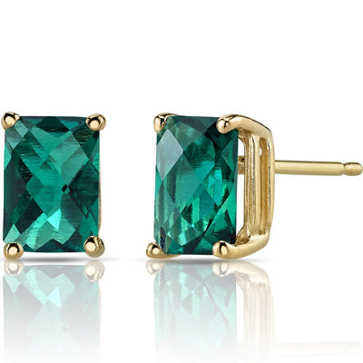 14K Yellow Gold Radiant Cut 1.75 Carats Created Emerald Stud Earrings