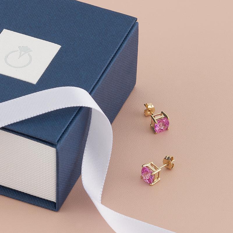 14K Yellow Gold Cushion Cut 2.50 Carats Created Pink Sapphire Stud Earrings
