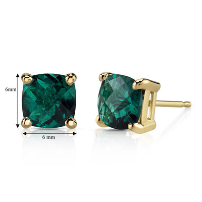 Emerald Stud Earrings 14K Yellow Gold 1.75 Carats Cushion Cut