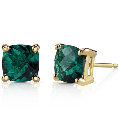 Emerald Stud Earrings 14K Yellow Gold 1.75 Carats Cushion Cut
