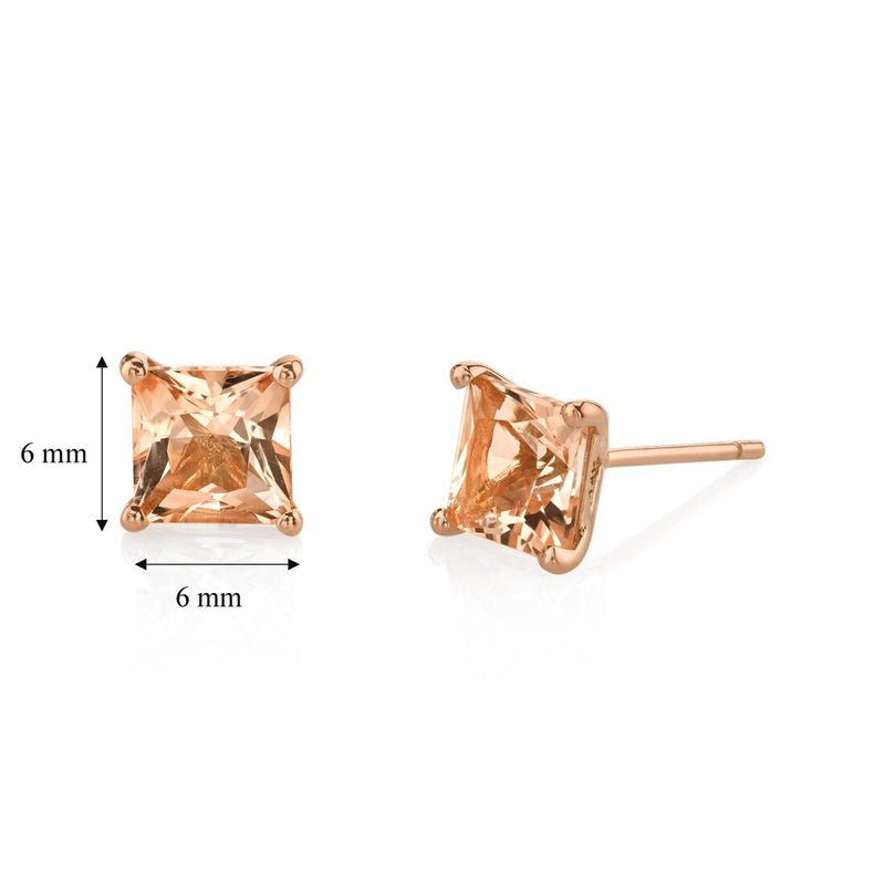 14K Rose Gold Princess Cut 2 Carats Morganite Stud Earrings