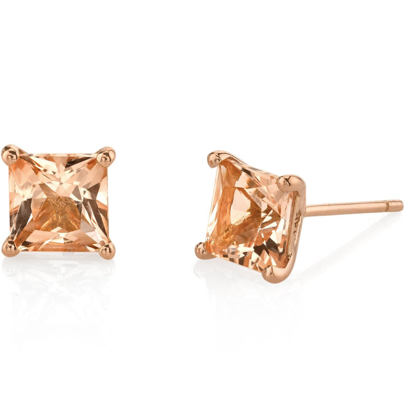 14K Rose Gold Princess Cut 2 Carats Morganite Stud Earrings