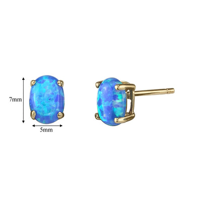 Blue Opal Stud Earrings 14K Yellow Gold Oval Shape 1 Carat