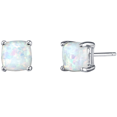 14K White Gold Cushion Cut Created Opal Stud Earrings