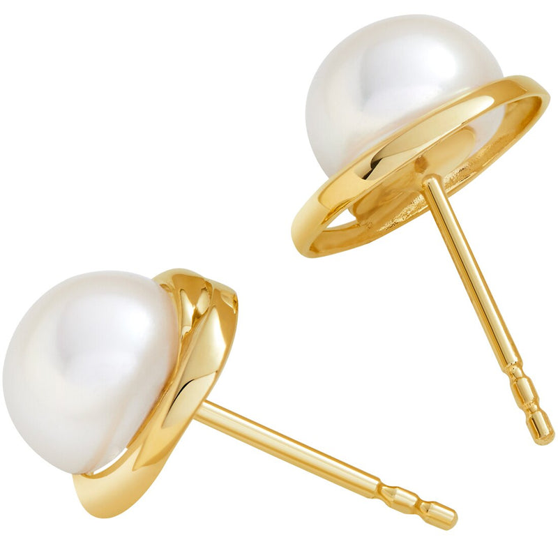 Freshwater Cultured White Pearl Stud Earrings In 14K Yellow Gold Round Button Shape 7Mm Swirl Solitaire E19278 alternate view and angle