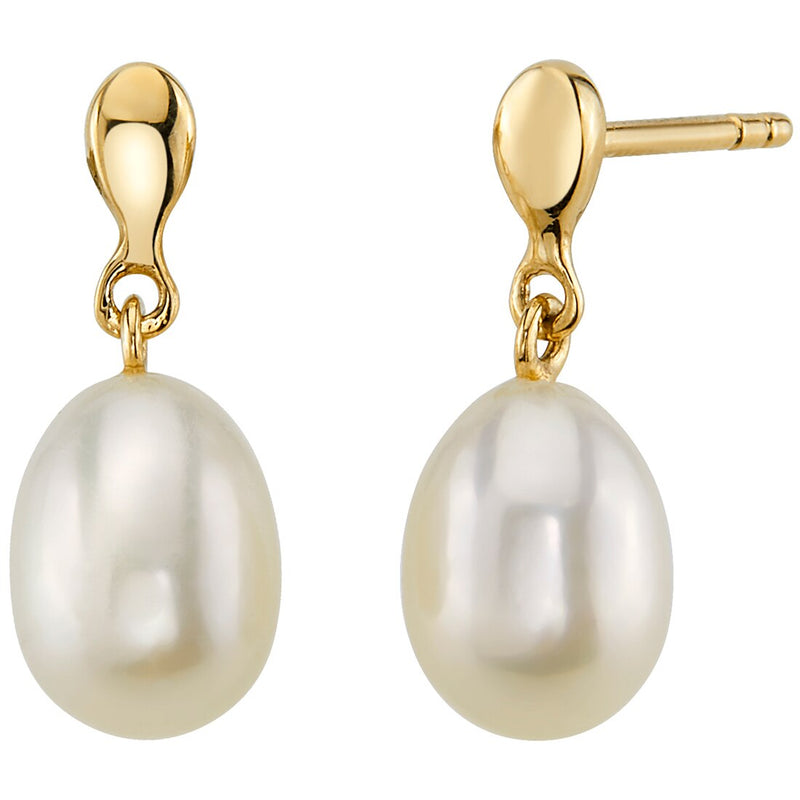 Freshwater Cultured White Pearl Dainty Dangle Solitaire Drop Earrings 14K Yellow Gold Baroque Oval Shape