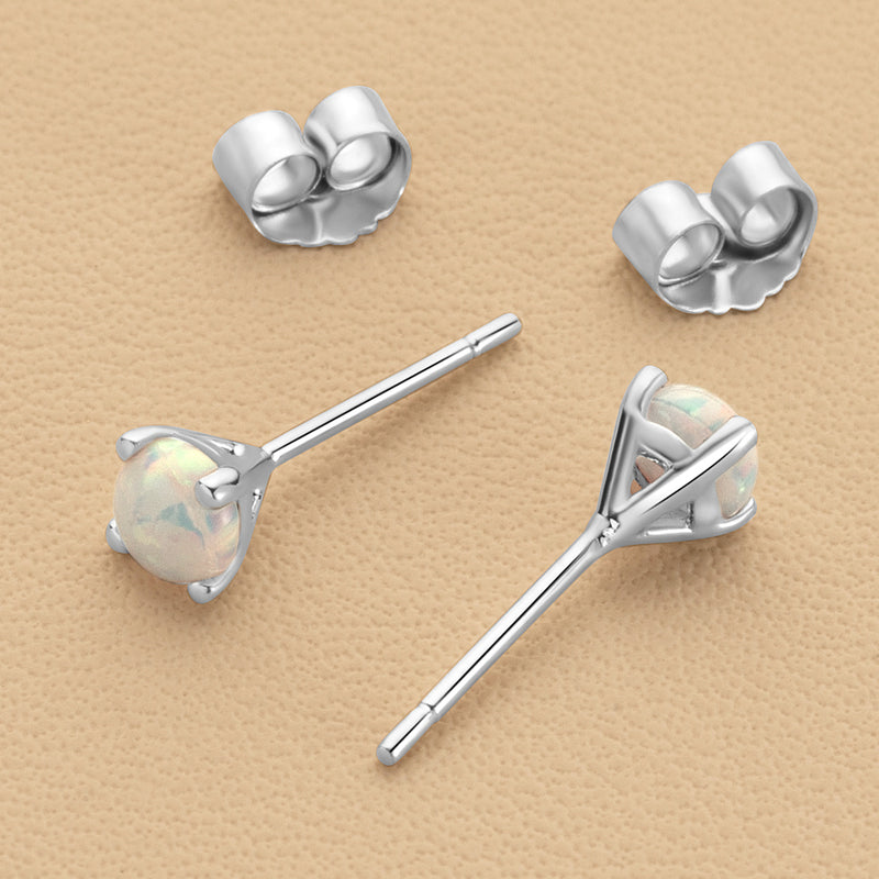 4mm Round Created White Fire Opal Solitaire Stud Earrings in 14K White Gold