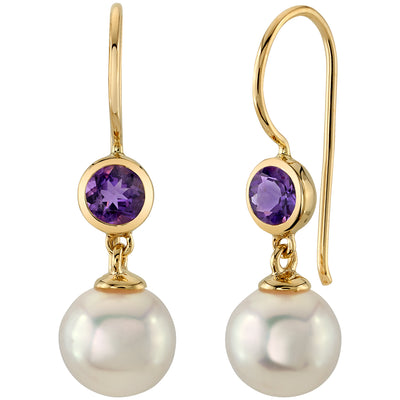 8mm Freshwater Cultured White Pearl and Amethyst Earrings in 14K Yellow Gold