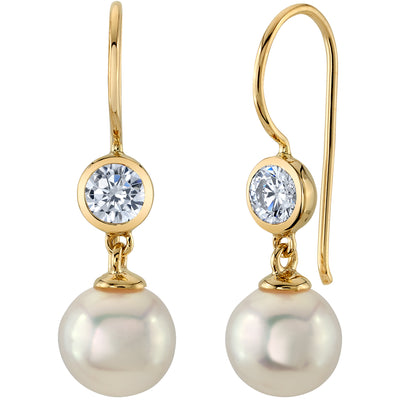 8mm Freshwater Cultured White Pearl and Cubic Zirconia Earrings in 14K Yellow Gold