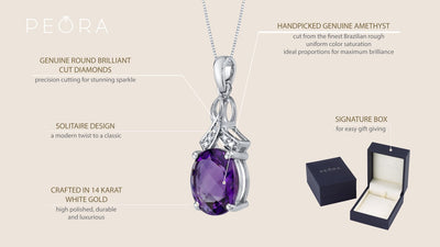 14K White Gold Genuine Amethyst And Diamond Soul Pendant 3 Carats Oval Shape P10034 on a model or additional view