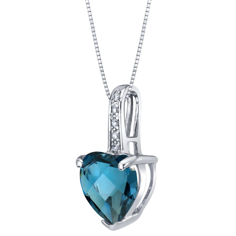 Heart Shape Swiss Blue Topaz and Diamond Pendant Necklace 14K White Gold 2 Carats