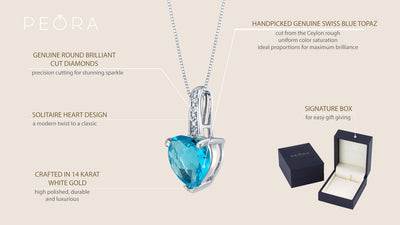 14K White Gold Genuine Swiss Blue Topaz And Diamond Heart Pendant 2 Carats P10058 on a model or additional view