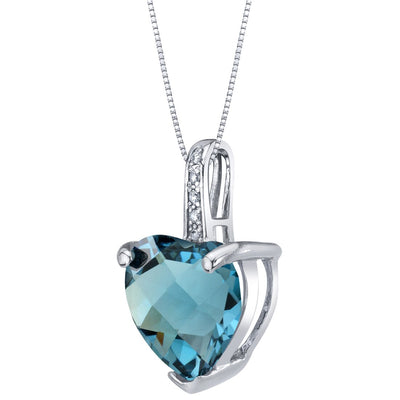 Heart Shape London Blue Topaz and Diamond Pendant Necklace 14K White Gold 4 Carats
