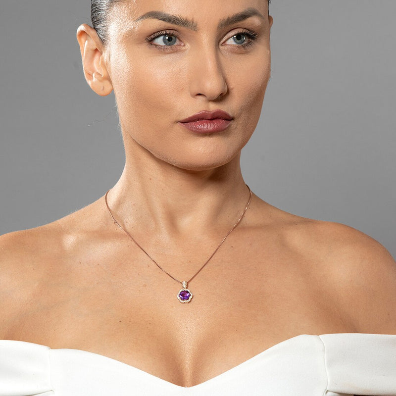 Amethyst And Lab Grown Diamond Clover Halo Pendant In 14 Karat Rose Gold 2 78 Carats Total P10134 on a model