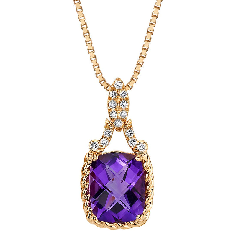 Cushion Cut Amethyst and Diamond Cable Halo Pendant Necklace 14K Rose Gold 3 Carats