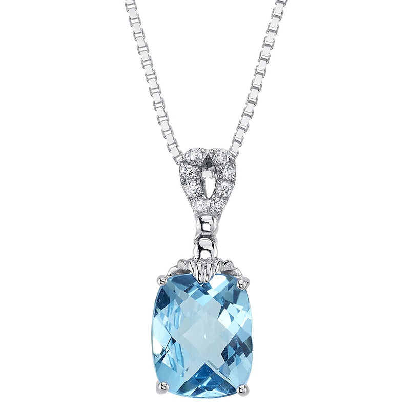 Cushion Cut Swiss Blue Topaz and Diamond Solitaire Pendant Necklace 14K White Gold 4.50 Carats