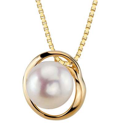 Freshwater Cultured 9mm White Pearl Swirl Slider Solitaire Pendant Necklace 14K Yellow Gold