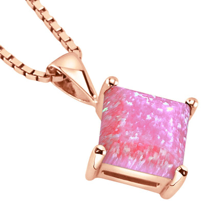 Princess Cut Pink Opal Pendant Necklace 14K Rose Gold 1 Carat