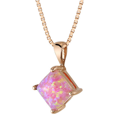 Princess Cut Pink Opal Pendant Necklace 14K Rose Gold 1 Carat