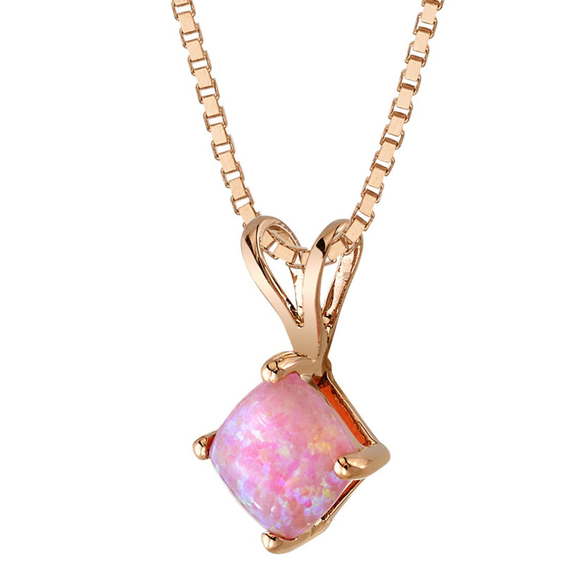 Cushion Cut Pink Opal Pendant Necklace 14K Rose Gold