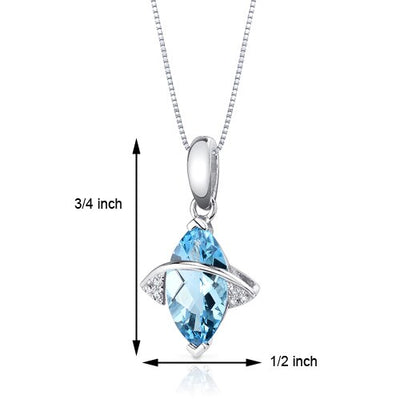 Swiss Blue Topaz and Diamond Pendant Necklace 14K White Gold 1.87 Carats Marquise Shape