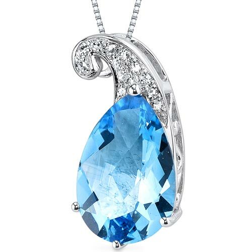 Swiss Blue Topaz and Diamond Pendant Necklace 14K White Gold 2.95 Carats Pear Shape