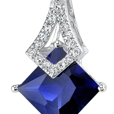 Blue Sapphire and Diamond Pendant Necklace 14K White Gold 2.43 Carats Princess Cut