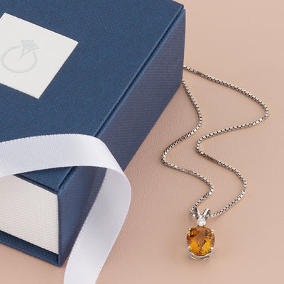 Citrine and Diamond Pendant Necklace 14K White Gold 2.27 Carats Oval