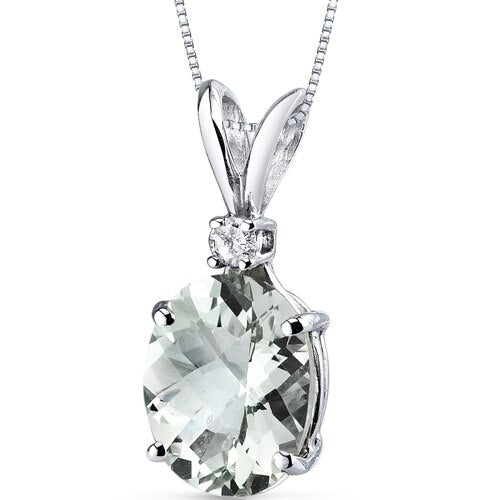Green Amethyst and Diamond Pendant Necklace 14K White Gold 2.24 Carats Oval