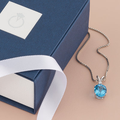 Swiss Blue Topaz Pendant 14 Karat White Gold Oval 2.87 Carats P8928-gift box