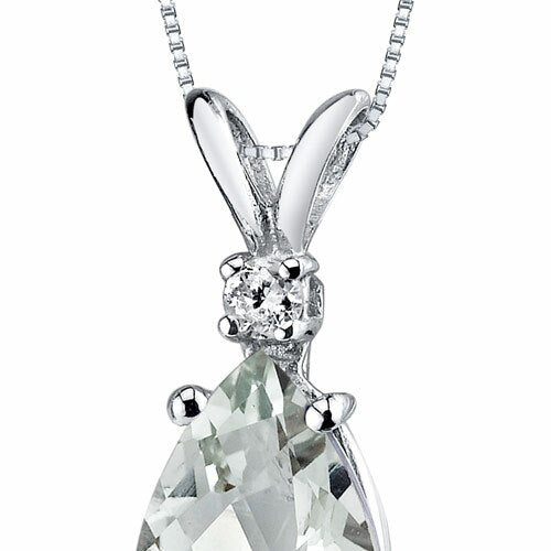 Green Amethyst and Diamond Pendant Necklace 14K White Gold 1.66 Carats Pear Shape