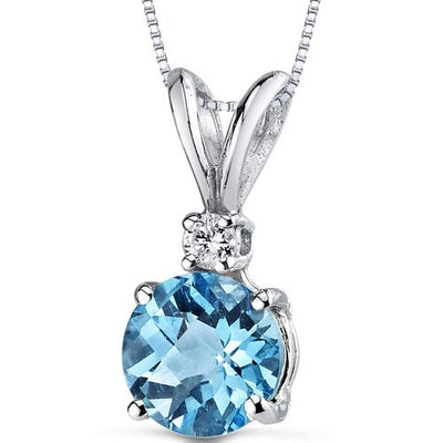 Swiss Blue Topaz and Diamond Pendant 14K White Gold 1.23 Carats Round