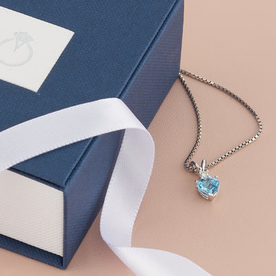 Swiss Blue Topaz and Diamond Pendant Necklace 14K White Gold 0.91 Carat Heart Shape