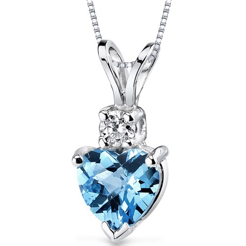 Swiss Blue Topaz and Diamond Pendant Necklace 14K White Gold 0.91 Carat Heart Shape