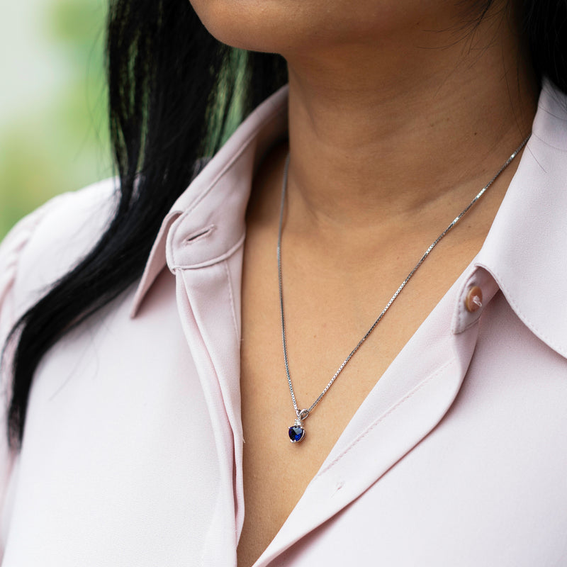 Blue Sapphire and Diamond Pendant Necklace 14K White Gold 1.15 Carats Heart Shape